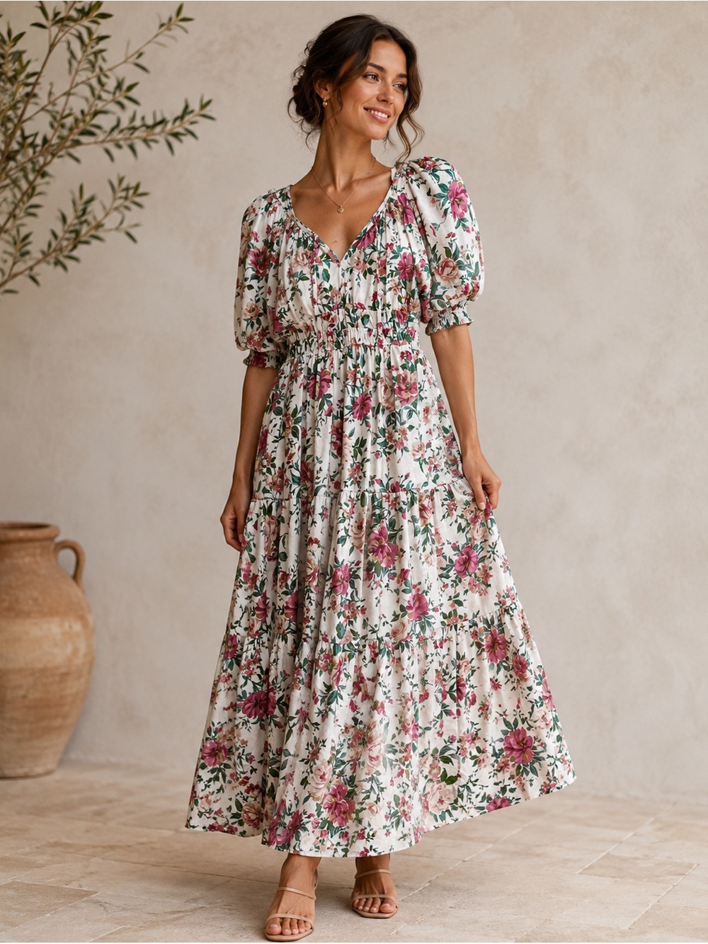 Anthropologie Somerset Maxi Dress with Pink & Green Floral Print
